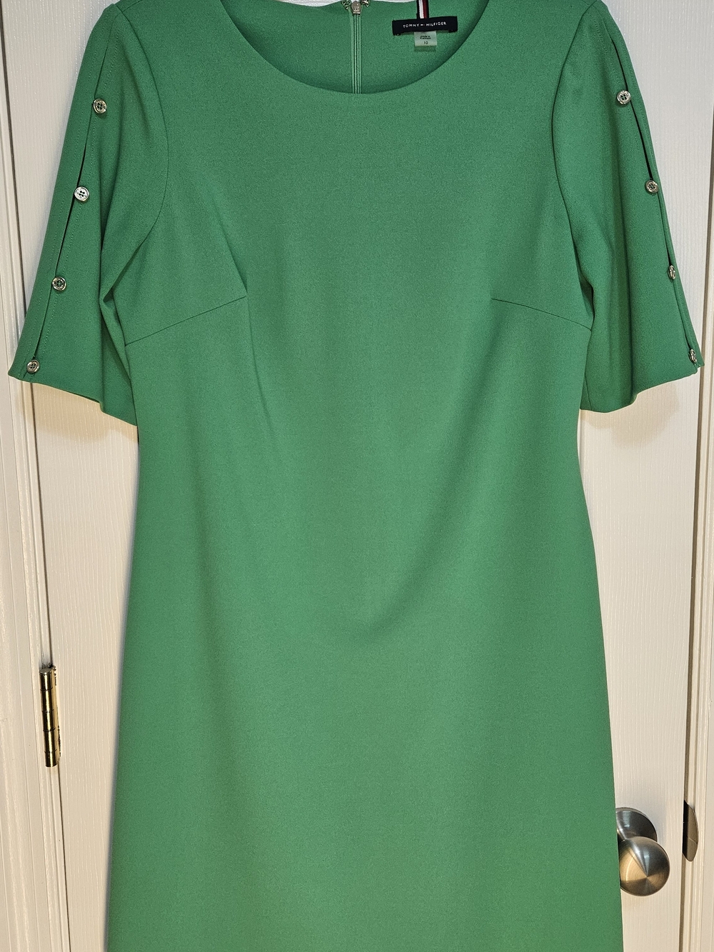 Tommy Hilfiger Green Solid Shift Round Neck Short Sleeve Knee Dress Sz 10 Zip